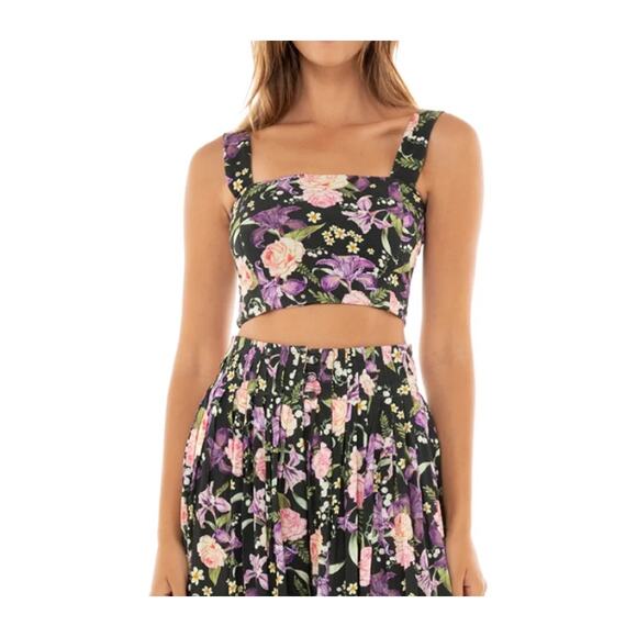 Agua Bendita Leah Dreaming Crop Top, Smocked | Womens L, Black Floral NEW - Picture 3 of 8